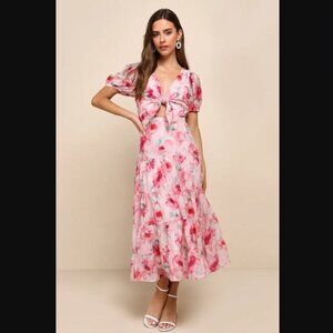 NWOT Lulus Darling Event Pink Floral Print Tiered Tie-Front Midi Dress